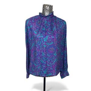 Vintage 90s Pendleton Dark Academia Paisley Wool Rayon Mock Neck Blouse Medium